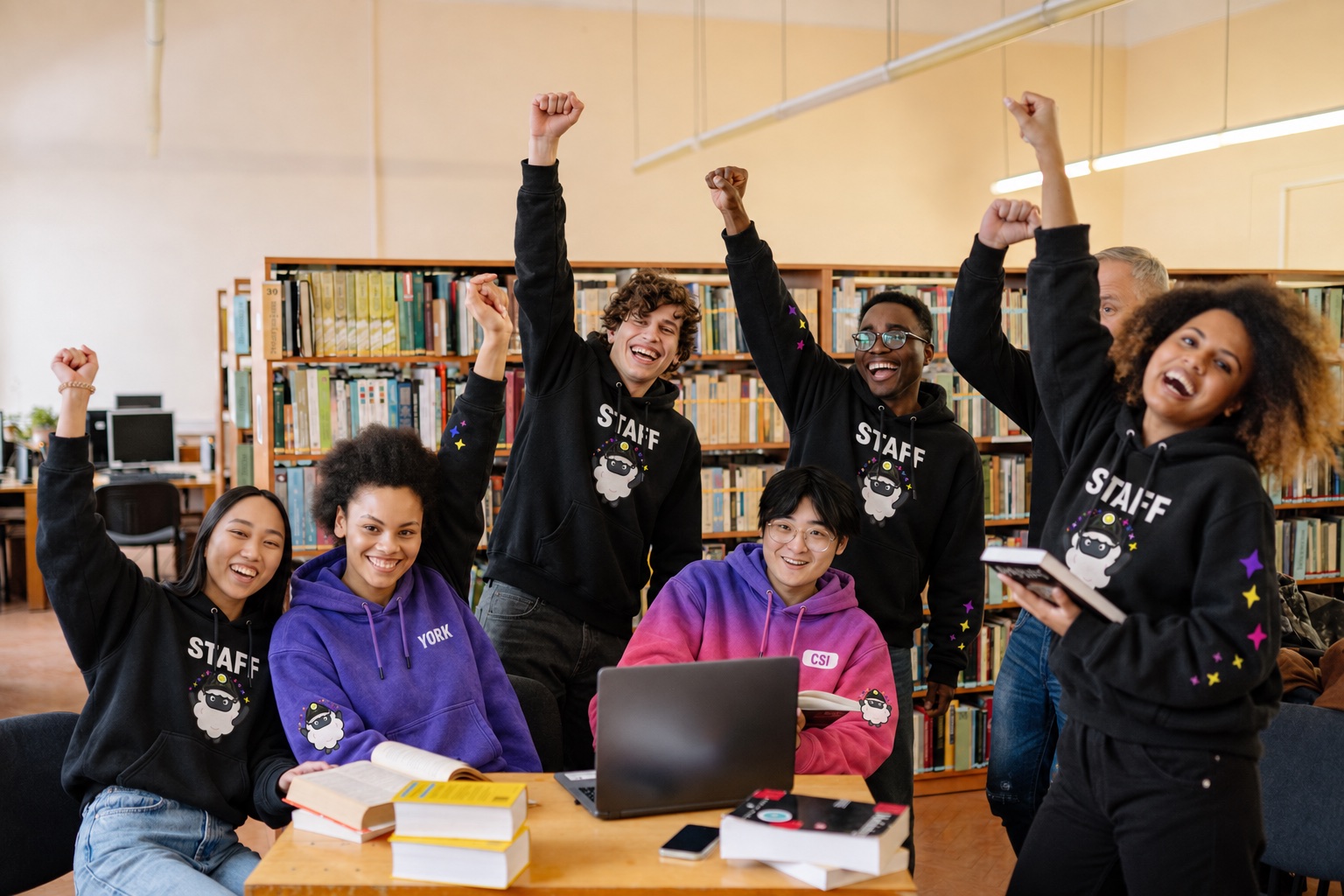A diverse group wearing black festival staff hoodies celebrating together in a library
