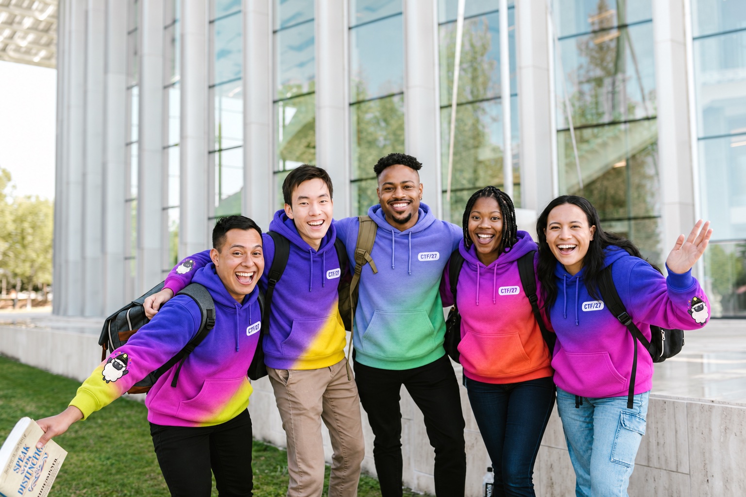 A diverse group of students wearing colorful CTF/27 hoodies together outside a campus building