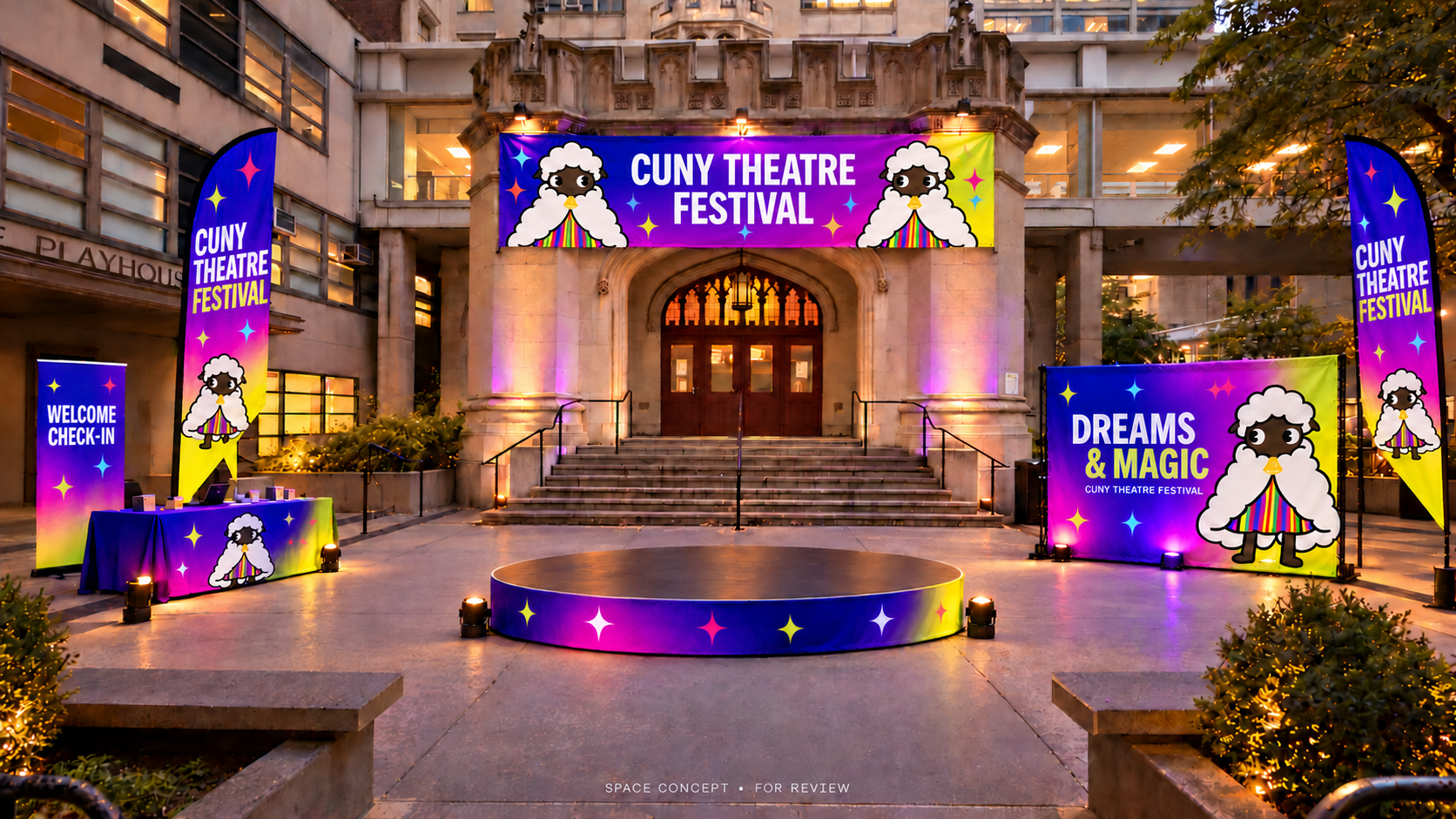 Proposed festival entrance with rainbow banners, sheep mascots, a welcome table and a Dreams & Magic backdrop outside the theatre.